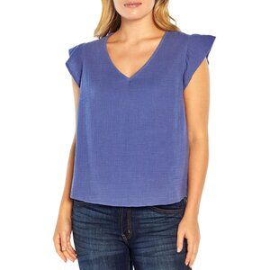Three Dots Double Gauze Shirt Size Large V Neck Short Sleeve Top Periwinkle NEW